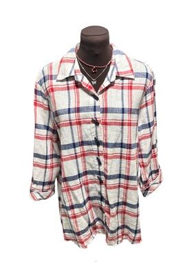 Ali Miles Women Plaid Tunic Top Linen Blend Size M Casual 3/4 Sleeve Frayed Hem